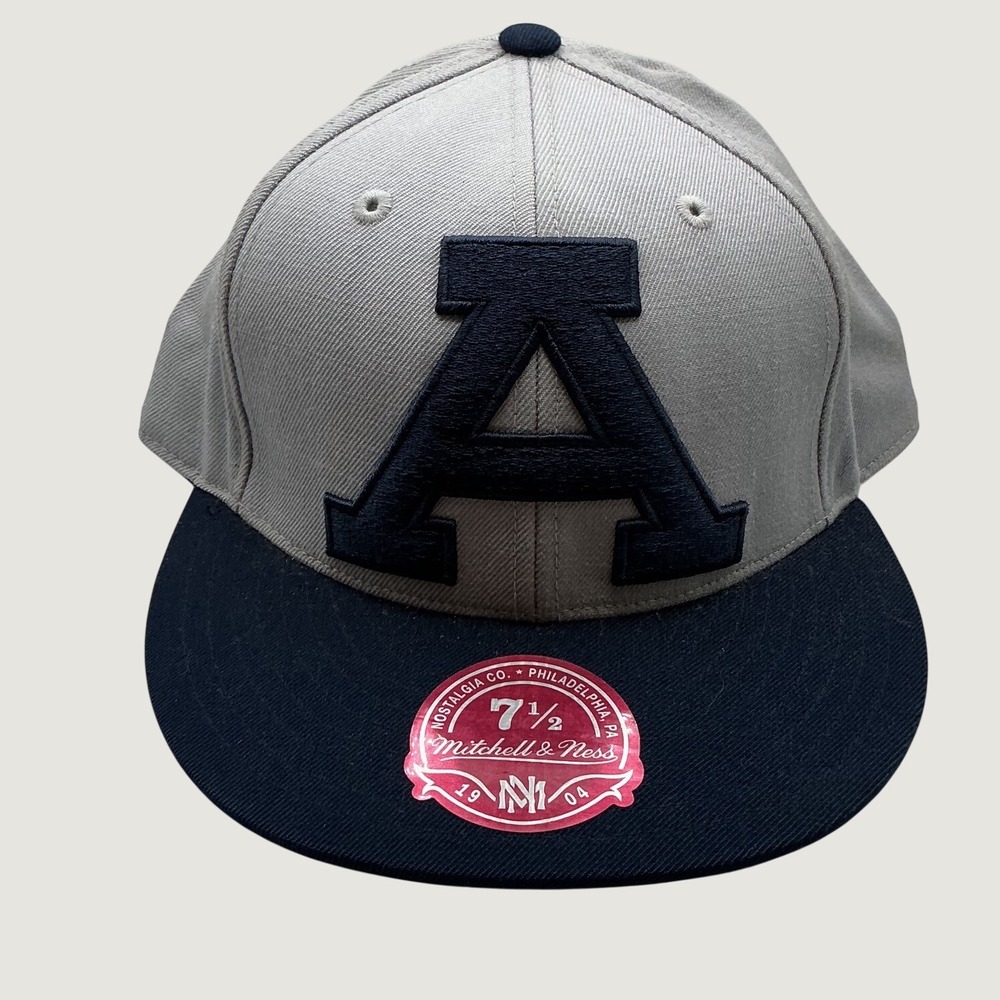 Mitchell & Ness Fitted Hat Grey Navy Blue Wool Size 7 1/2 Letter A Baseball Cap